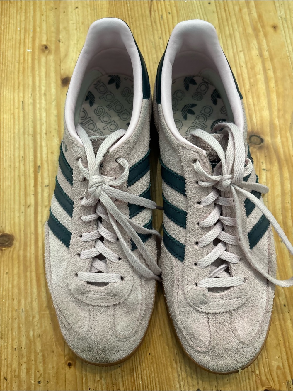 Adidas Spezial Suede in Light Pink with Dark Green Stripes